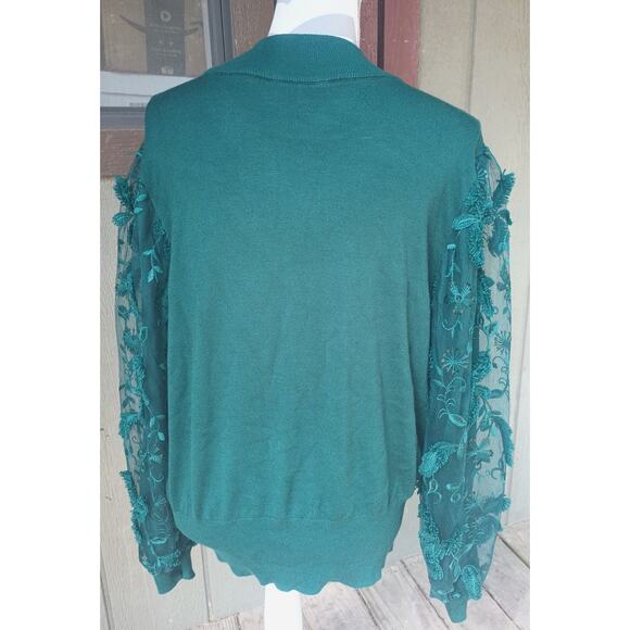 Joseph A Evergreen Crew Neck Sweater with Chiffon Embroidered Overlay Sleeves XL - Picture 3 of 9